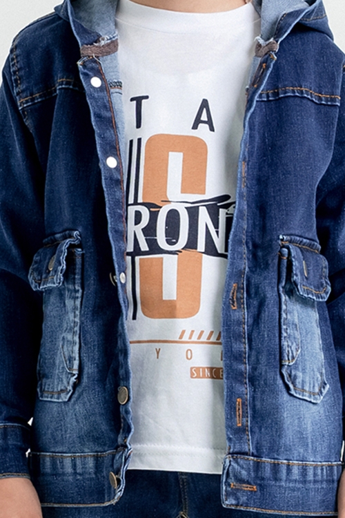 Erkek Çocuk Yazı Baskılı Tişörtlü Kapşonlu Ceketli Lacivert Jean Takım 17721