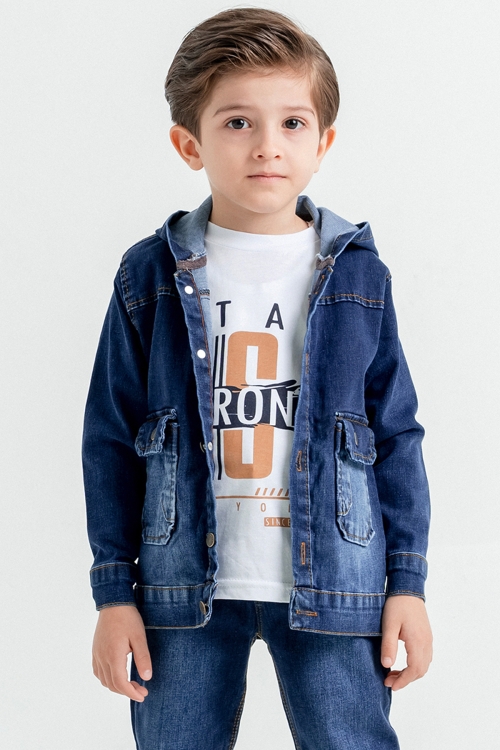 Erkek Çocuk Yazı Baskılı Tişörtlü Kapşonlu Ceketli Lacivert Jean Takım 17721