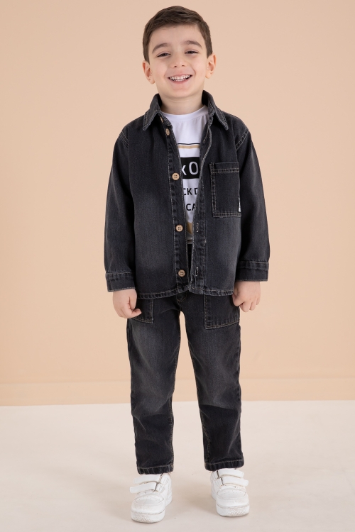 Füme Düğmeli Jean Ceketli Pantolonlu Erkek Çocuk 3lü Takım 20010