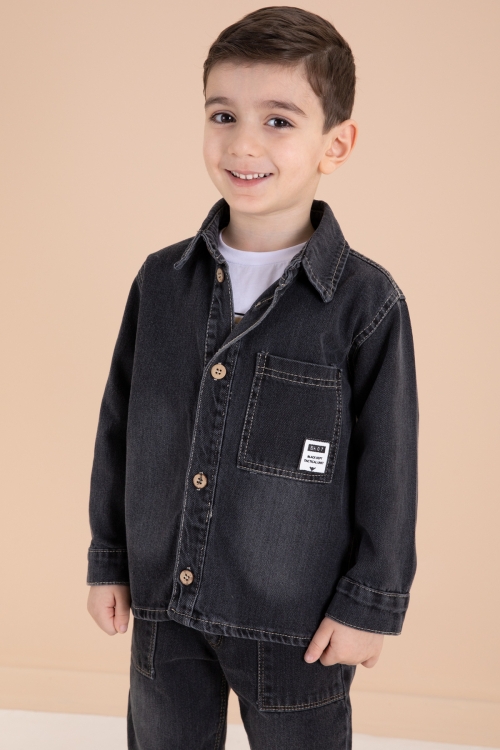Füme Düğmeli Jean Ceketli Pantolonlu Erkek Çocuk 3lü Takım 20010