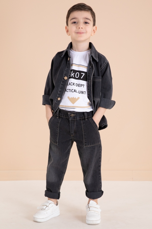 Füme Düğmeli Jean Ceketli Pantolonlu Erkek Çocuk 3lü Takım 20010