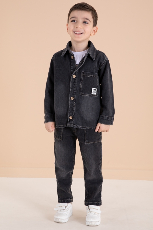Füme Düğmeli Jean Ceketli Pantolonlu Erkek Çocuk 3lü Takım 20010