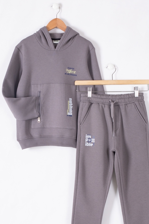 Füme Fermuar Cepli Kapüşonlu Şardonlu Erkek Çocuk Eşofman Takım 19602