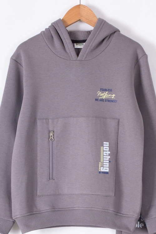 Füme Fermuar Cepli Kapüşonlu Şardonlu Erkek Çocuk Eşofman Takım 19602