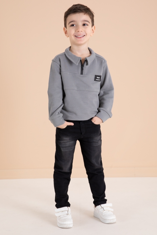 Füme Fermuar Yakalı Sweatshirt ve Jean Pantolonlu Erkek Çocuk Takım 20110