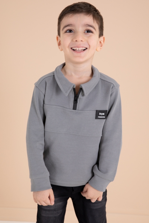 Füme Fermuar Yakalı Sweatshirt ve Jean Pantolonlu Erkek Çocuk Takım 20110