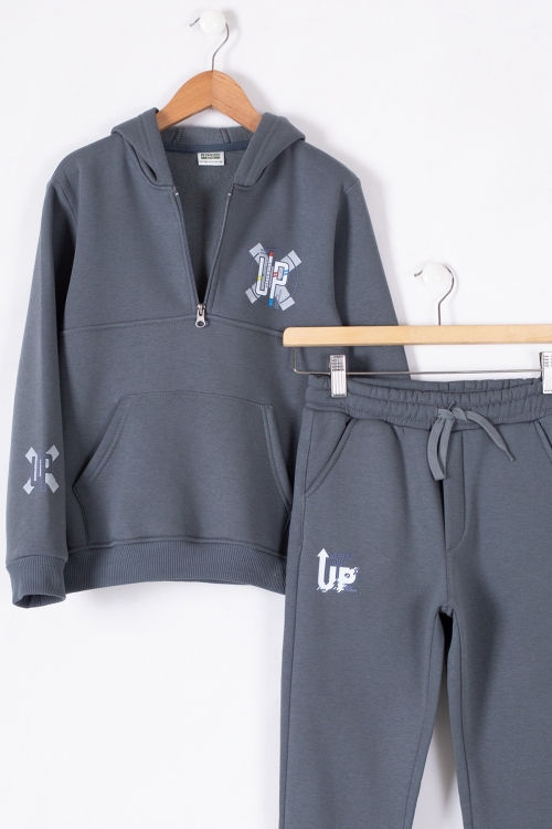 Füme Fermuarlı Yaka Kapüşonlu Erkek Çocuk Şardonlu Eşofman Takımı 19622