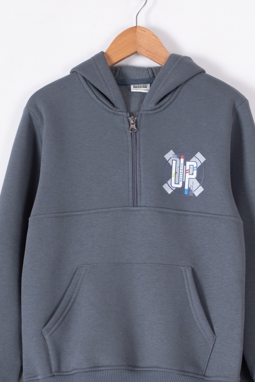 Füme Fermuarlı Yaka Kapüşonlu Erkek Çocuk Şardonlu Eşofman Takımı 19622