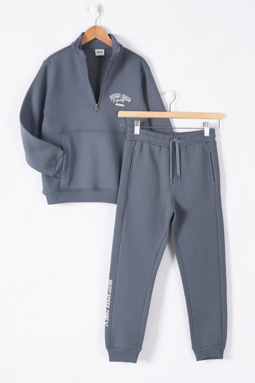 Füme Kanguru Cepli Fermuar Yaka Erkek Çocuk Şardonlu Eşofman Takım 19613