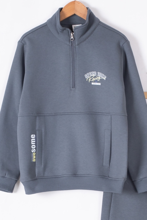 Füme Kanguru Cepli Fermuar Yaka Erkek Çocuk Şardonlu Eşofman Takım 19613