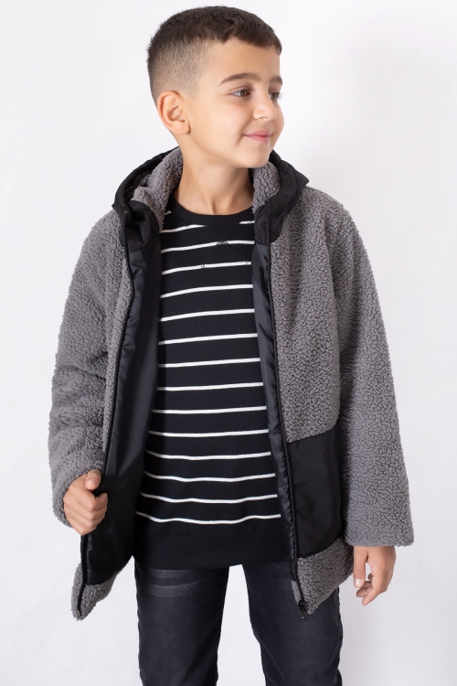 Füme Kanguru Cepli Kapüşonlu Erkek Çocuk Peluş Hırka 19680