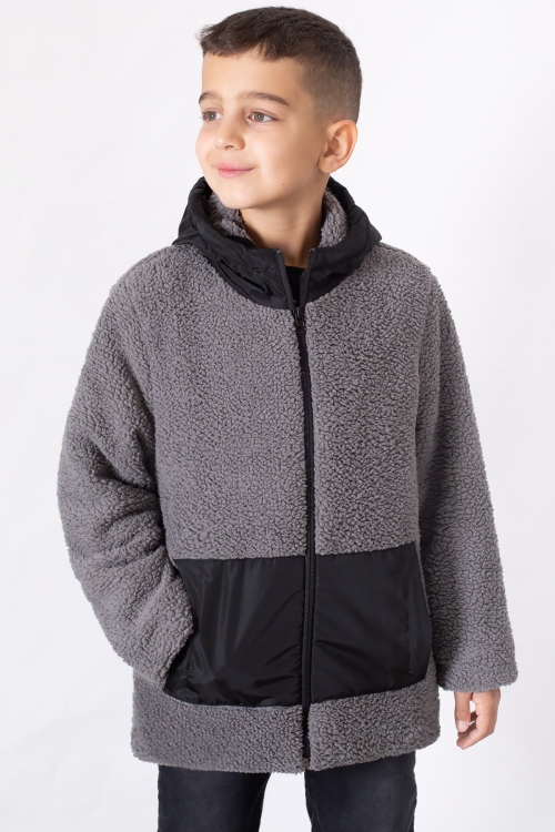 Füme Kanguru Cepli Kapüşonlu Erkek Çocuk Peluş Hırka 19680