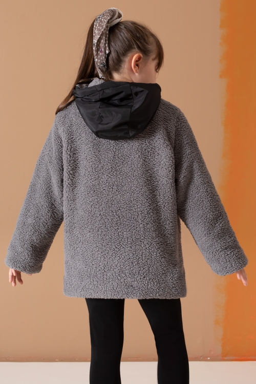 Füme Kanguru Cepli Kapüşonlu Kız Çocuk Peluş Hırka 19676