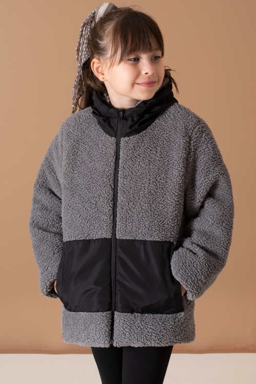 Füme Kanguru Cepli Kapüşonlu Kız Çocuk Peluş Hırka 19676