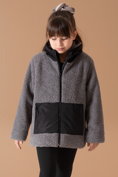 Füme Kanguru Cepli Kapüşonlu Kız Çocuk Peluş Hırka 19676