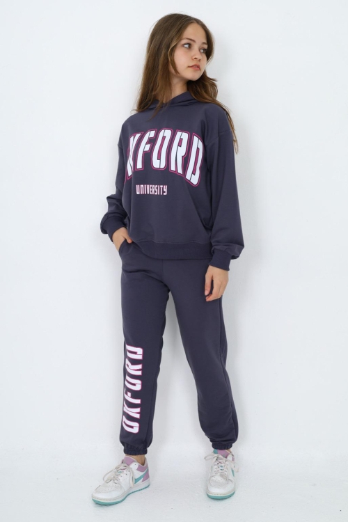 Füme Oxford Baskılı Kapüşonlu Kız Çocuk Eşofman Takımı 19820