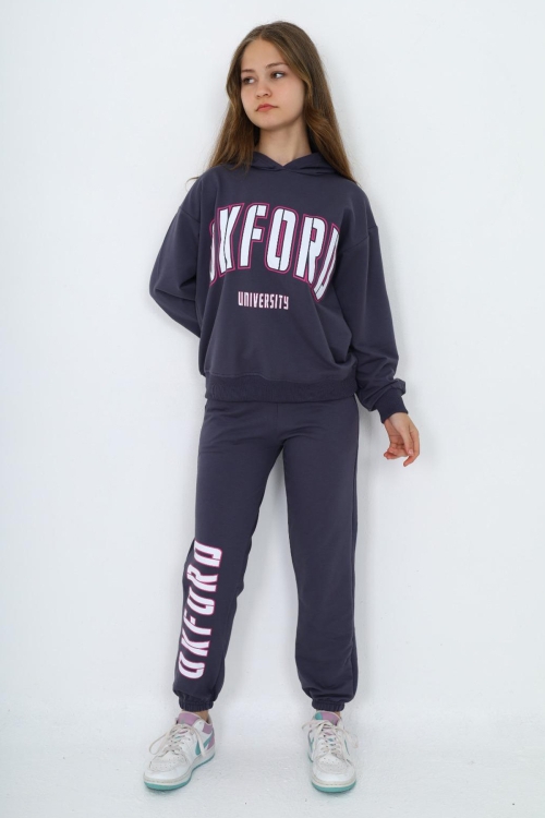 Füme Oxford Baskılı Kapüşonlu Kız Çocuk Eşofman Takımı 19820