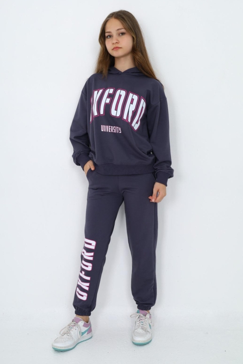 Füme Oxford Baskılı Kapüşonlu Kız Çocuk Eşofman Takımı 19820