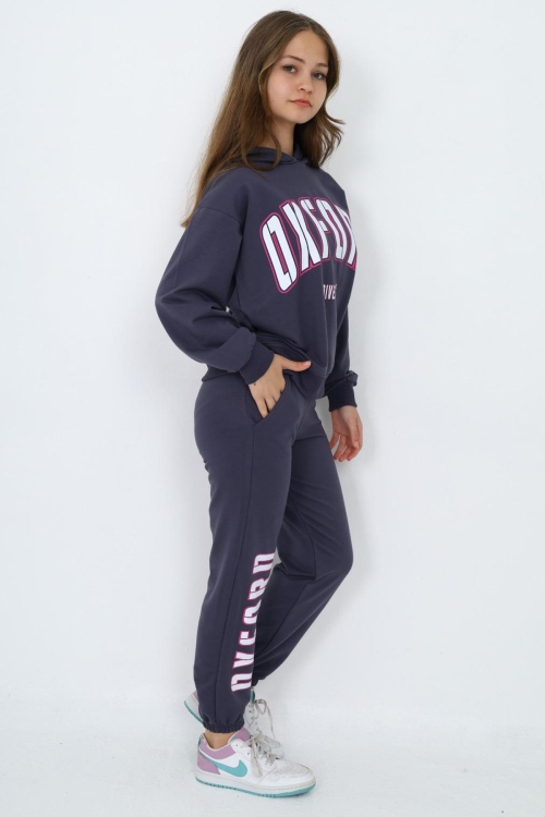 Füme Oxford Baskılı Kapüşonlu Kız Çocuk Eşofman Takımı 19820