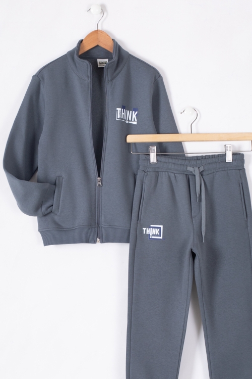 Füme Yazı Baskılı Hırkalı Erkek Çocuk Şardonlu Eşofman Takımı 19625