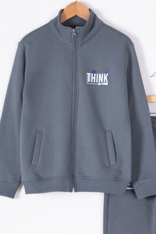 Füme Yazı Baskılı Hırkalı Erkek Çocuk Şardonlu Eşofman Takımı 19625