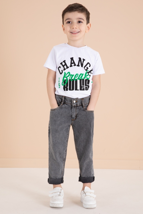 Füme Yazı Nakışlı Ceketli 3lü Erkek Çocuk Jean Takım 20003