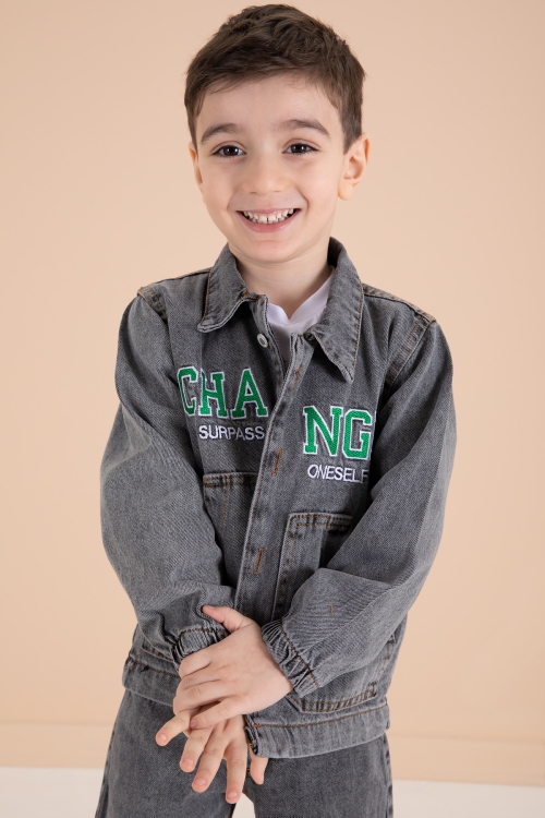 Füme Yazı Nakışlı Ceketli 3lü Erkek Çocuk Jean Takım 20003