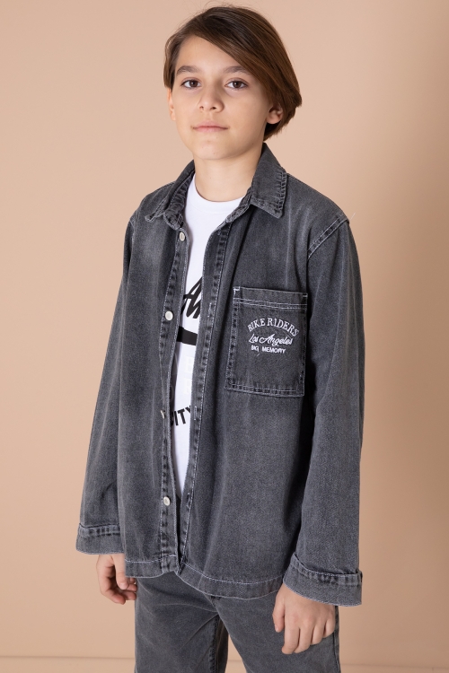 Füme Yazı Nakışlı Jean Gömlekli ve Tişörtlü Erkek Çocuk 2li Takım 20036