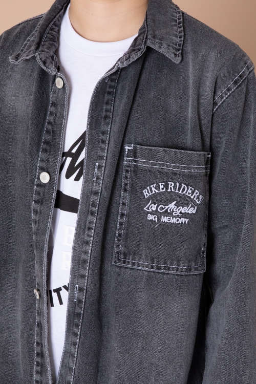 Füme Yazı Nakışlı Jean Gömlekli ve Tişörtlü Erkek Çocuk 2li Takım 20036