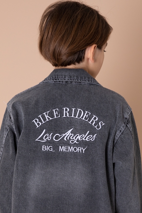 Füme Yazı Nakışlı Jean Gömlekli ve Tişörtlü Erkek Çocuk 2li Takım 20036