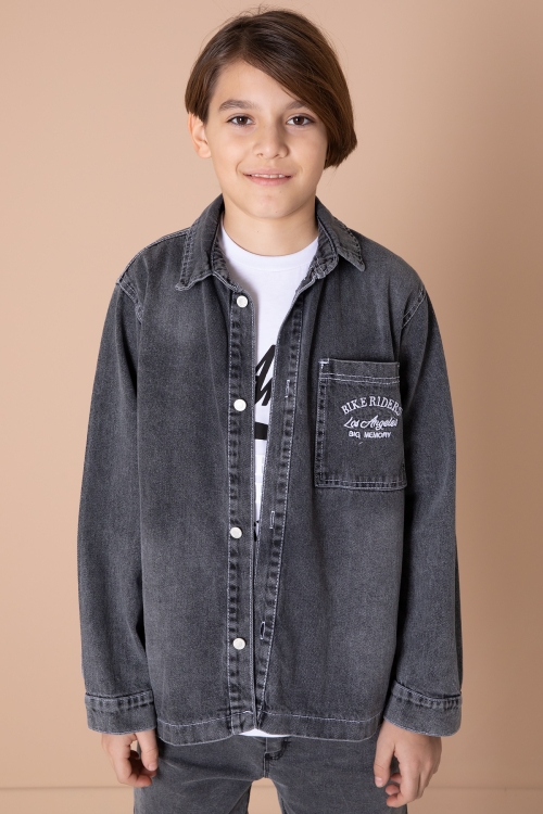 Füme Yazı Nakışlı Jean Gömlekli ve Tişörtlü Erkek Çocuk 2li Takım 20036