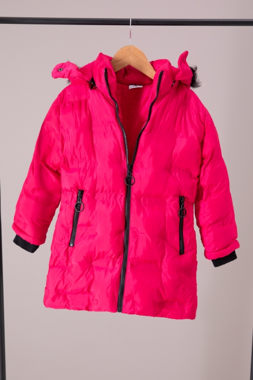 Fuşya Baskı Desenli Fermuarlı Cepli İçi Kürklü Kız Çocuk Kapüşonlu Mont 19888