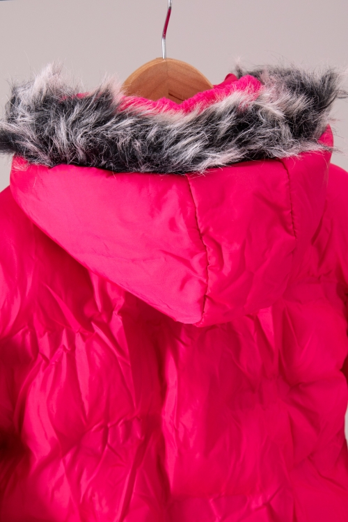 Fuşya Baskı Desenli Fermuarlı Cepli İçi Kürklü Kız Çocuk Kapüşonlu Mont 19888