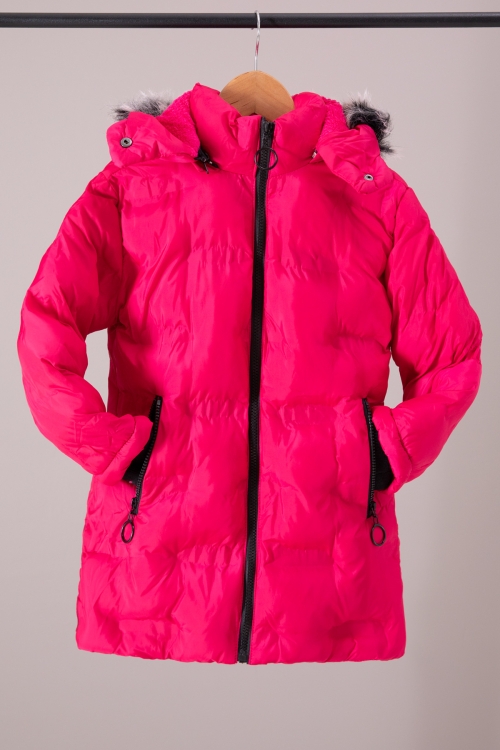 Fuşya Baskı Desenli Fermuarlı Cepli İçi Kürklü Kız Çocuk Kapüşonlu Mont 19888
