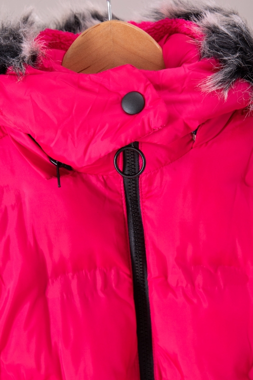 Fuşya Baskı Desenli Fermuarlı Cepli İçi Kürklü Kız Çocuk Kapüşonlu Mont 19888