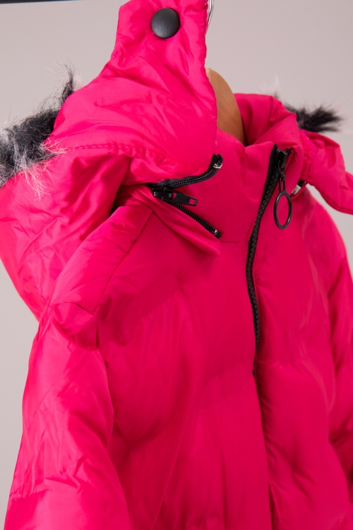 Fuşya Baskı Desenli Fermuarlı Cepli İçi Kürklü Kız Çocuk Kapüşonlu Mont 19888