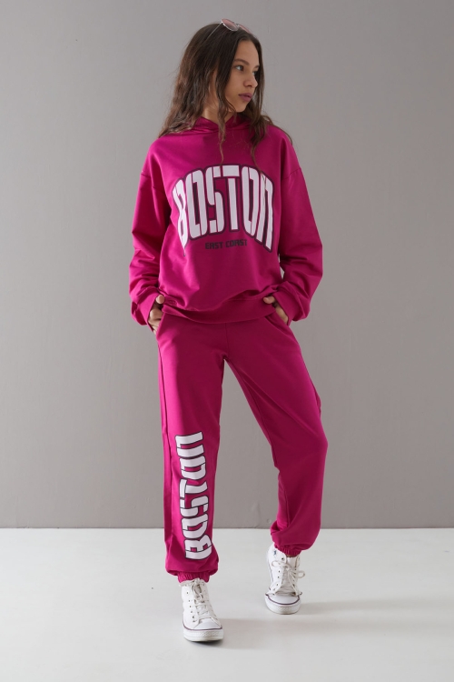 Fuşya Boston Yazılı Kapüşonlu Kız Çocuk Eşofman Takımı 19758