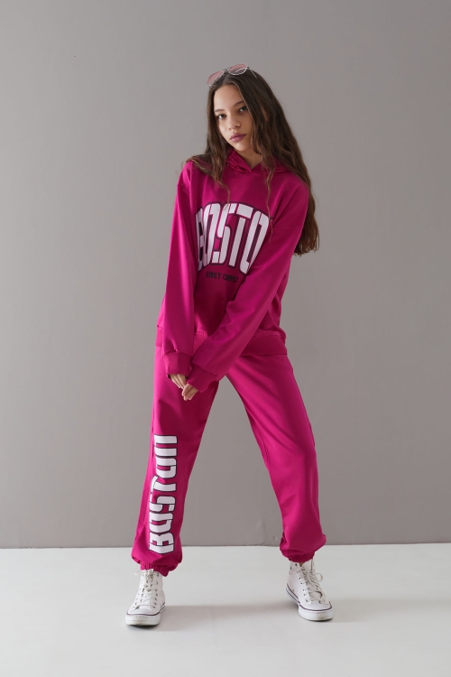 Fuşya Boston Yazılı Kapüşonlu Kız Çocuk Eşofman Takımı 19758