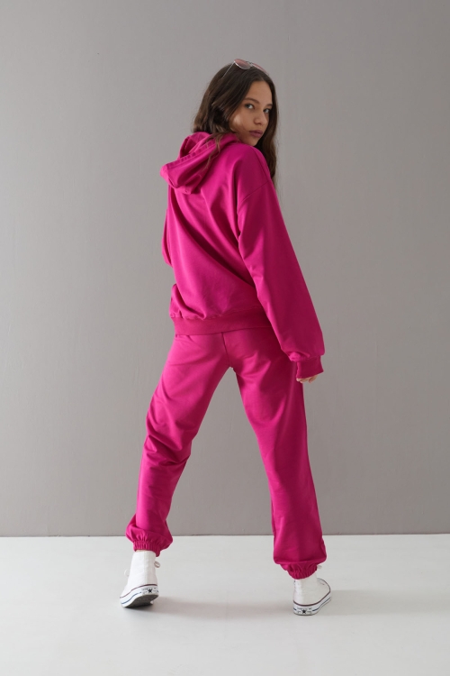 Fuşya Boston Yazılı Kapüşonlu Kız Çocuk Eşofman Takımı 19758