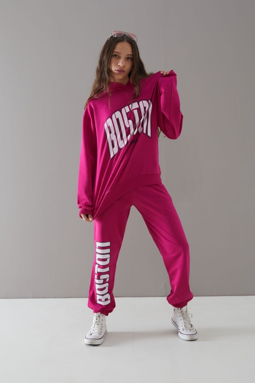 Fuşya Boston Yazılı Kapüşonlu Kız Çocuk Eşofman Takımı 19758