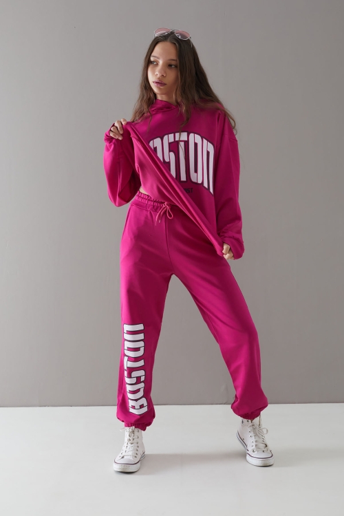 Fuşya Boston Yazılı Kapüşonlu Kız Çocuk Eşofman Takımı 19758