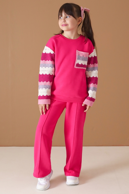 Fuşya Dantel Cep Detaylı Uzun Kol Şardonlu Kız Çocuk Eşofman Takımı 19749