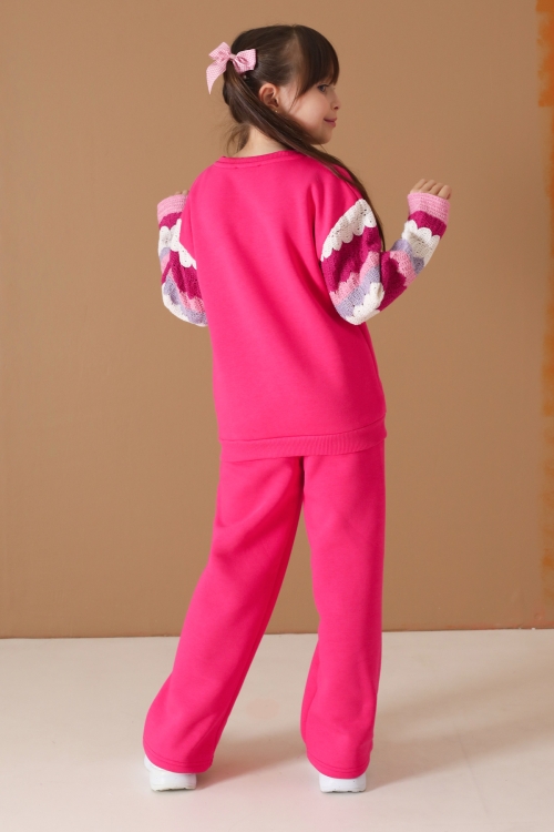 Fuşya Dantel Cep Detaylı Uzun Kol Şardonlu Kız Çocuk Eşofman Takımı 19749