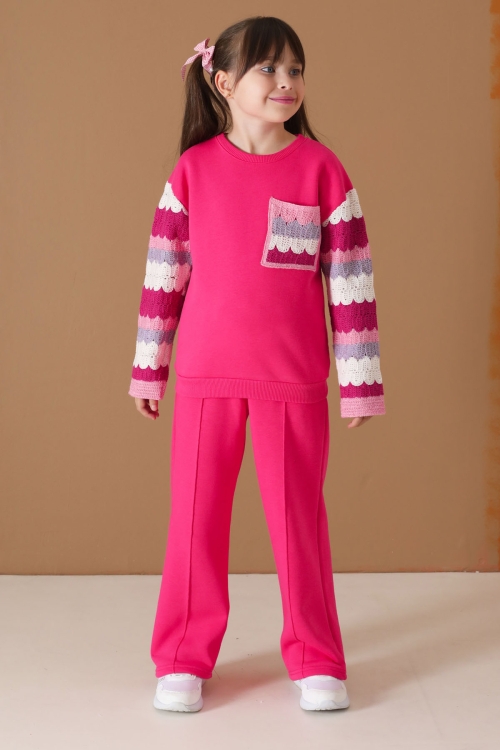 Fuşya Dantel Cep Detaylı Uzun Kol Şardonlu Kız Çocuk Eşofman Takımı 19749