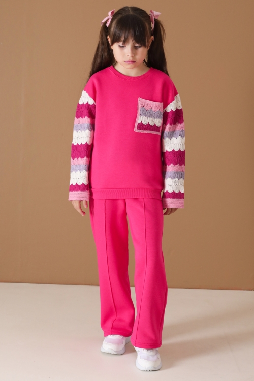 Fuşya Dantel Cep Detaylı Uzun Kol Şardonlu Kız Çocuk Eşofman Takımı 19749