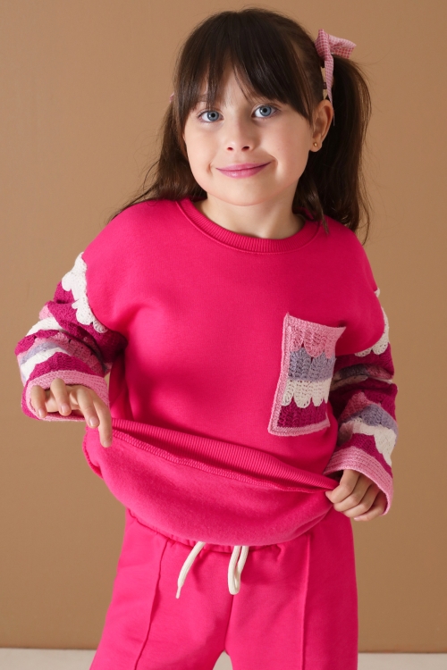 Fuşya Dantel Cep Detaylı Uzun Kol Şardonlu Kız Çocuk Eşofman Takımı 19749