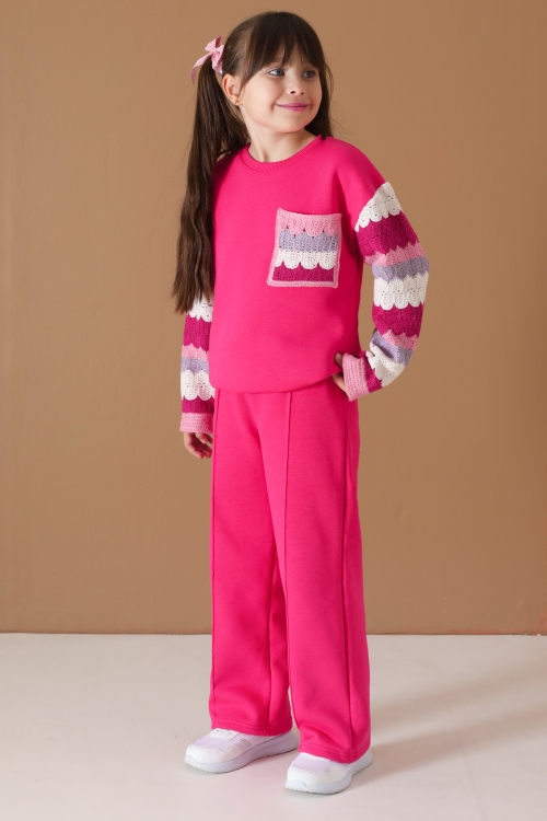 Fuşya Dantel Cep Detaylı Uzun Kol Şardonlu Kız Çocuk Eşofman Takımı 19749