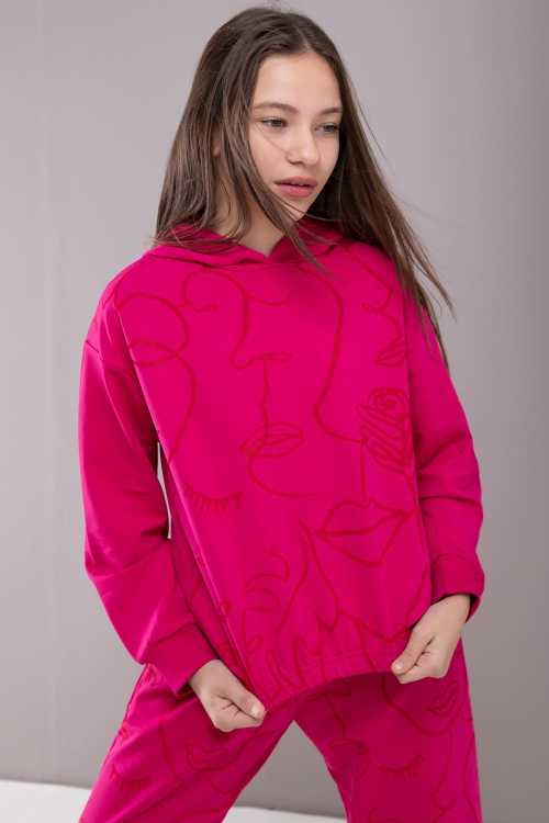 Fuşya Desenli Kapüşonlu Kız Çocuk Alt Üst Eşofman Takımı 19771