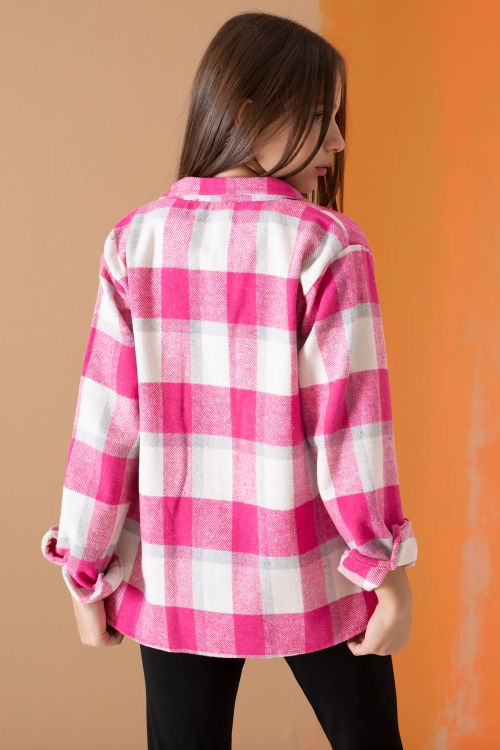 Fuşya Ekose Desenli Cepli Kız Çocuk Oduncu Gömlek 19683