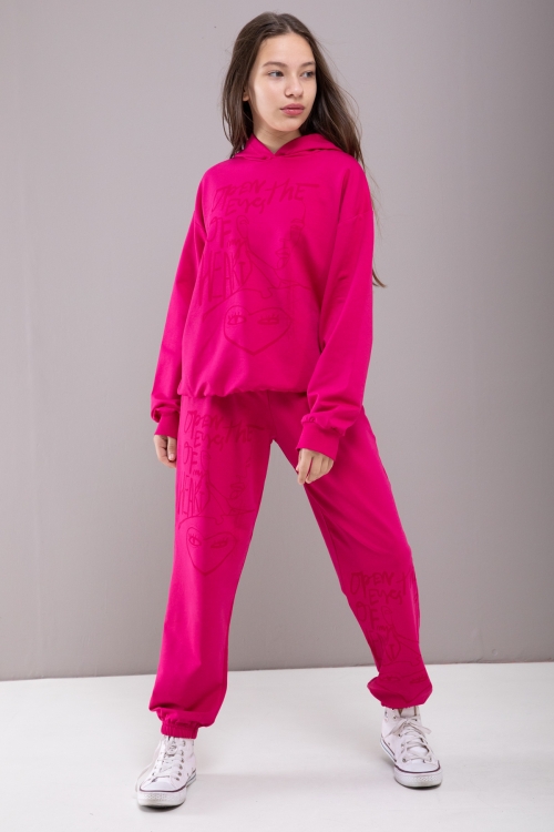 Fuşya Heart Yazılı Desenli Kapüşonlu Kız Çocuk Eşofman Takımı 19775